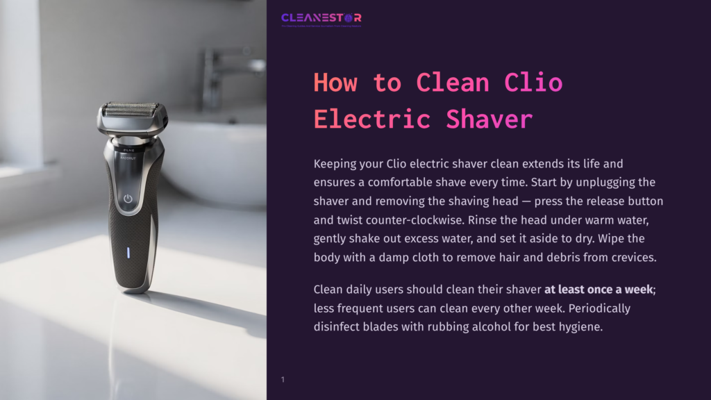 Close-Up Of A Black And Silver Clio Electric Shaver With A Charging Indicator Light On A White Surface, With The Title &Quot;How To Clean Clio Electric Shaver&Quot; And Cleaning Instructions In English On A Dark Purple Background.