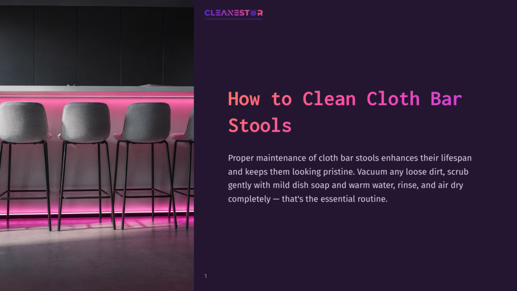 Four Upholstered Bar Stools With Gray Fabric Seats And Black Metal Legs Are Arranged In A Row, Illuminated By Pink Led Lighting From Below. The Text &Quot;Cleanestor&Quot; Is Visible In The Top Left Corner.