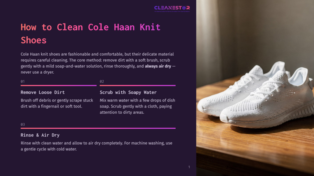 Two Clean White Cole Haan Knit Shoes Sit On A Wooden Surface, Ready For Wear.
