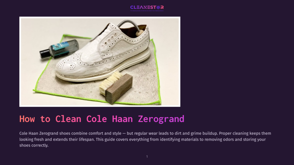 A White Cole Haan Zerogrand Shoe Is Being Cleaned On A Green Microfiber Cloth With A Brush And Cleaning Solution, Ready For A Refresh.