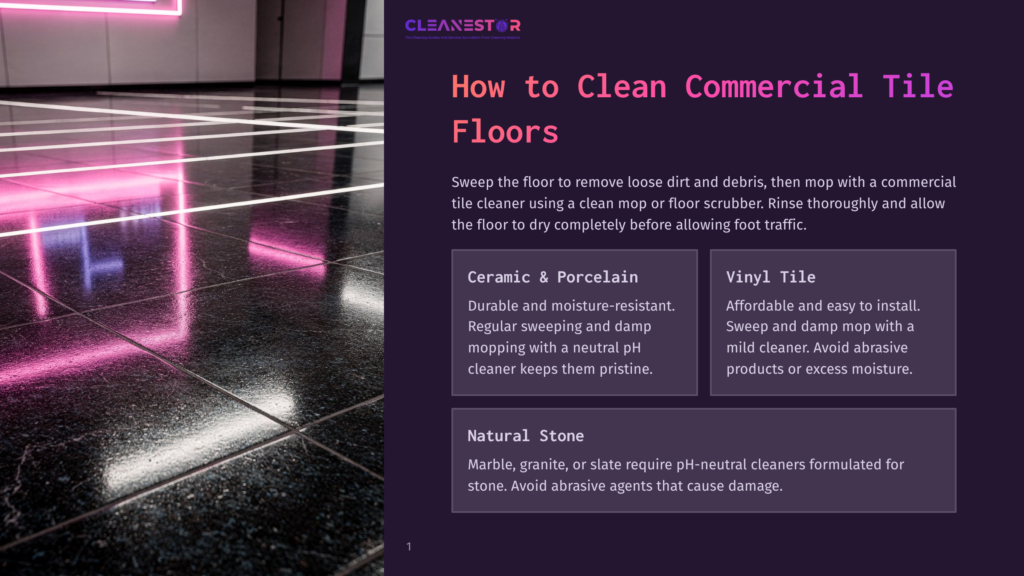 Cleanestor Logo And Text &Quot;How To Clean Commercial Tile Floors&Quot; Over A Glossy, Dark Tiled Floor Reflecting Pink Light From Above.