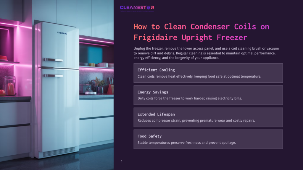 A Modern Kitchen With A White Frigidaire Upright Freezer, Illuminated By Pink Led Lights. The Freezer'S Lower Access Panel Is Removed, Revealing Clean Condenser Coils. The Image Includes Text About Cleaning Condenser Coils For Efficient Cooling And Energy Savings.