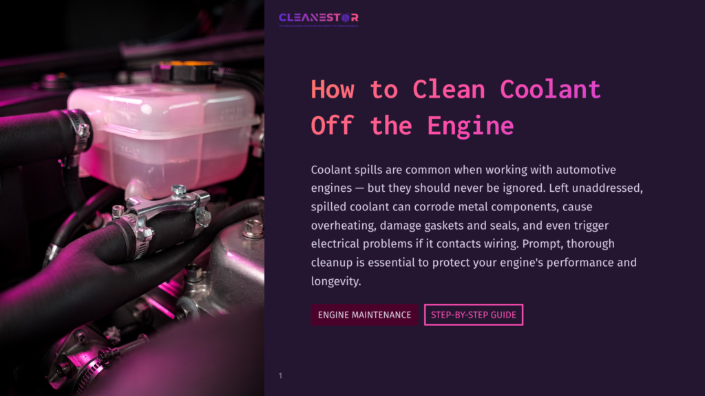 Close-Up Of A Car'S Engine Coolant Reservoir, With A Hose And Clamps Visible. Text Overlay Reads &Quot;Cleanestor&Quot; And &Quot;How To Clean Coolant Off The Engine&Quot;.