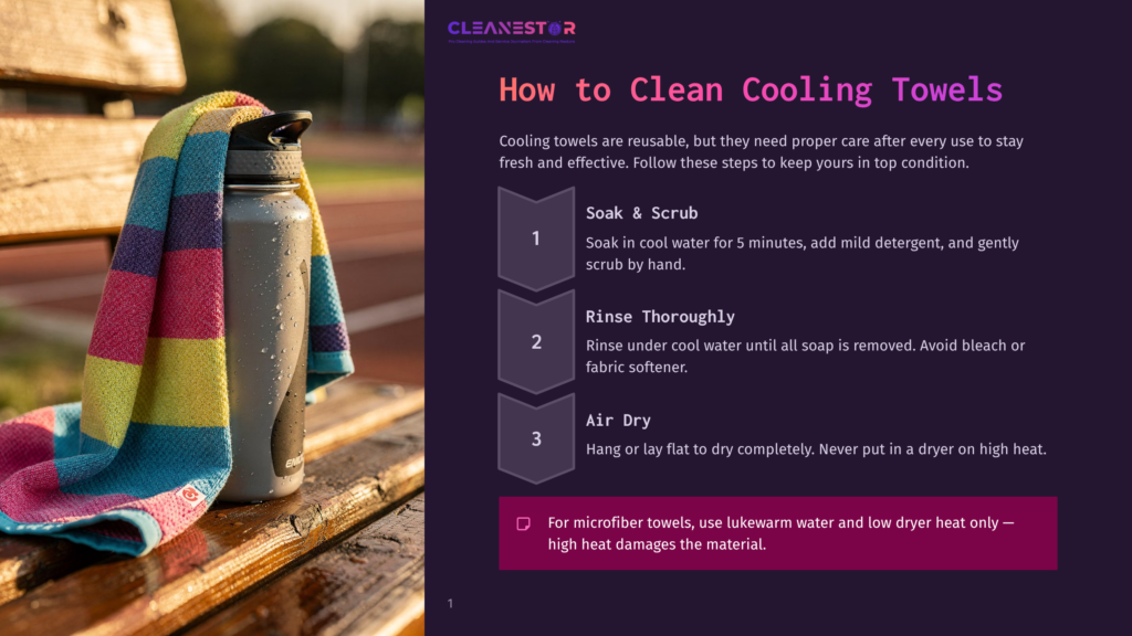 1 How To Clean Cooling Towels A Colorful Towel Draped Over A Stainless Steel Water Bottle On A Wooden Bench, With A Purple And White Background That Reads &Quot;How To Clean Cooling Towels&Quot; In Bold Letters.