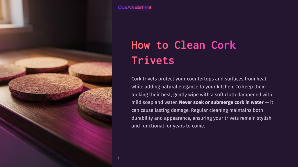 Six Circular Cork Trivets Placed On A Dark, Shiny Wooden Surface. A Light-Colored Window Is Visible In The Upper Left Corner. The Title &Quot;How To Clean Cork Trivets&Quot; Is Prominently Displayed Above The Trivets.