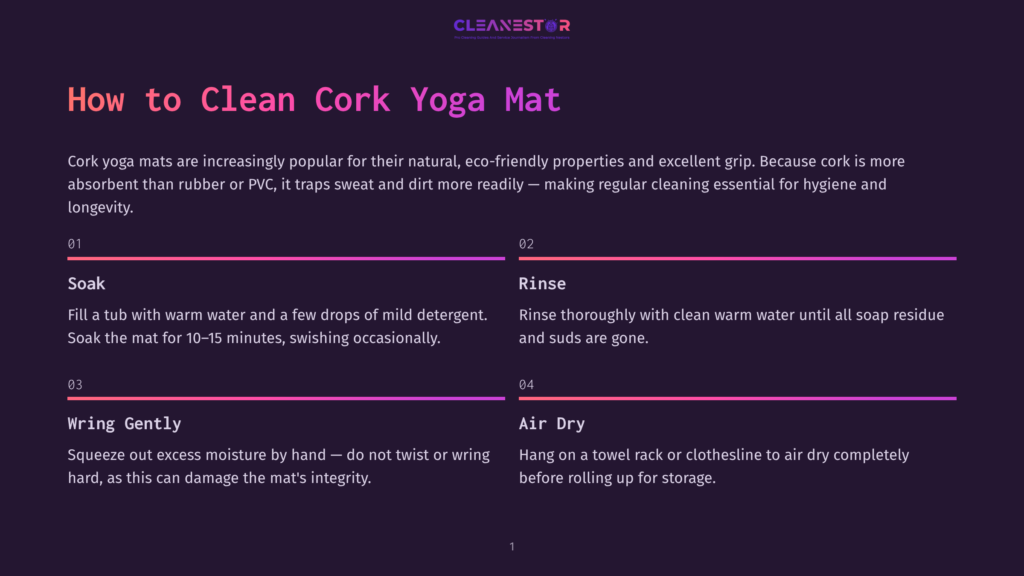 1 How To Clean Cork Yoga Mat Instruction Steps For Cleaning A Cork Yoga Mat, Displaying A Detailed Process With Step Numbers And Descriptions, Including Soaking, Rinsing, Wringing Gently, And Air Drying, All Set Against A Dark Background With A Minimalist Design.