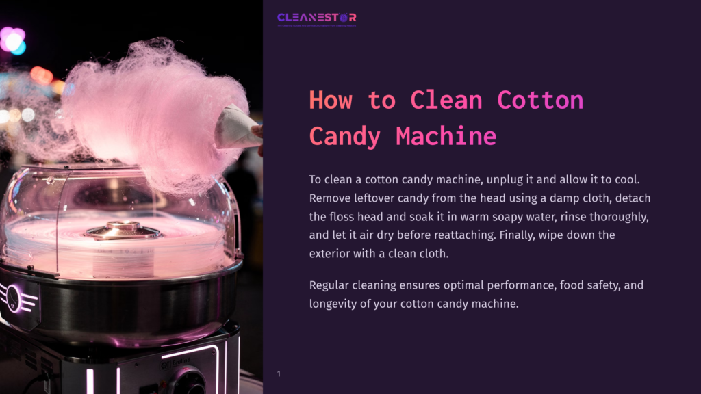 Close-Up Of A Pink Cotton Candy Machine With Fluffy Pink Cotton Candy Being Spun, Bright Lights In The Background, And Text &Quot;How To Clean Cotton Candy Machine&Quot; On The Right.