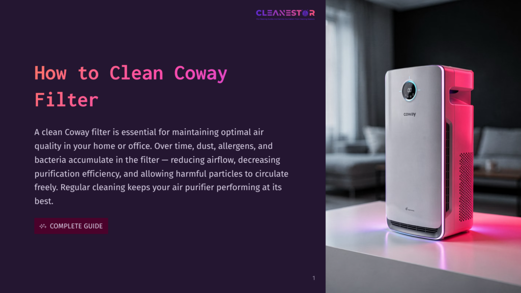 A White Coway Air Purifier With A Pink Glow Sits On A Dark Surface. Text On The Left Reads &Quot;How To Clean Coway Filter&Quot; And &Quot;Cleanestor&Quot;.