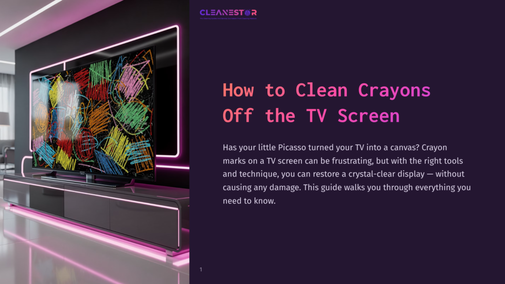 Modern Living Room With A Large Tv Screen Covered In Colorful Crayon Scribbles. The Tv Is Mounted On A Minimalist Entertainment Center With Pink Led Lighting. The Text &Quot;How To Clean Crayons Off The Tv Screen&Quot; Is Visible.