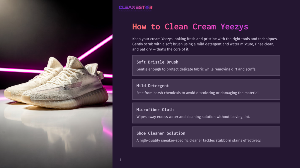 1 How To Clean Cream Yeezys A Pair Of Cream Yeezy Sneakers Sits On A Reflective Surface, Bathed In Soft Light With Neon Pink Accents. The Text &Quot;Cleanestor&Quot; And &Quot;How To Clean Cream Yeezys&Quot; Is Visible.