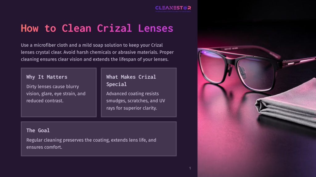 Black Crizal Lenses Glasses And A Microfiber Cloth On A Dark, Moody Background With Pink And Purple Lighting. Text Overlay Reads &Quot;How To Clean Crizal Lenses&Quot;.