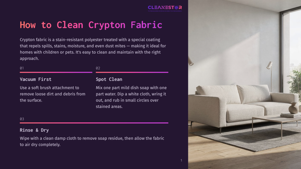 A Modern Living Room Features A Comfortable, Light-Colored Sofa And A Coffee Table. The Text Overlay &Quot;How To Clean Crypton Fabric&Quot; Provides Cleaning Instructions.