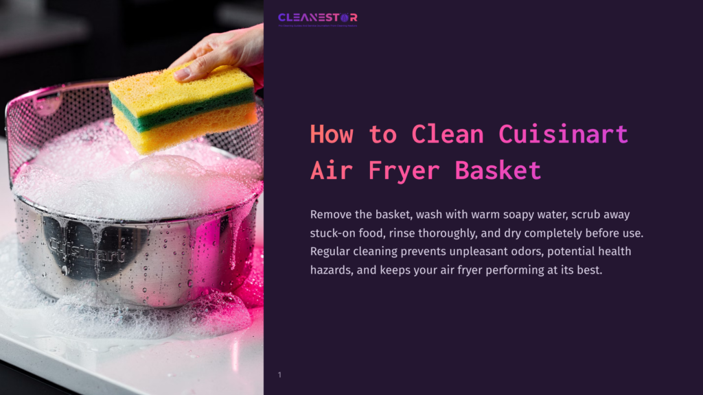 1 How To Clean Cuisinart Air Fryer Basket A Person Cleaning A Cuisinart Air Fryer Basket With A Yellow Sponge, The Basket Submerged In Soapy Water In A Stainless Steel Pot.