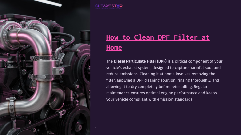 A Close-Up Of A Vehicle Engine Showcasing The Diesel Particulate Filter (Dpf) With A Caption That Reads &Quot;How To Clean Dpf Filter At Home.&Quot; The Engine Is A Complex Assembly Of Shiny Metal Parts, With The Dpf Prominently Featured.