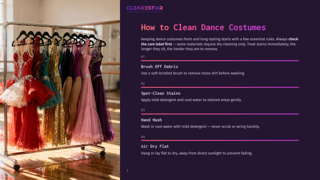 A Rack Of Vibrant, Sequined Dance Costumes Hangs In A Studio, With Text Overlay On The Right Detailing Tips For Cleaning Dance Costumes.
