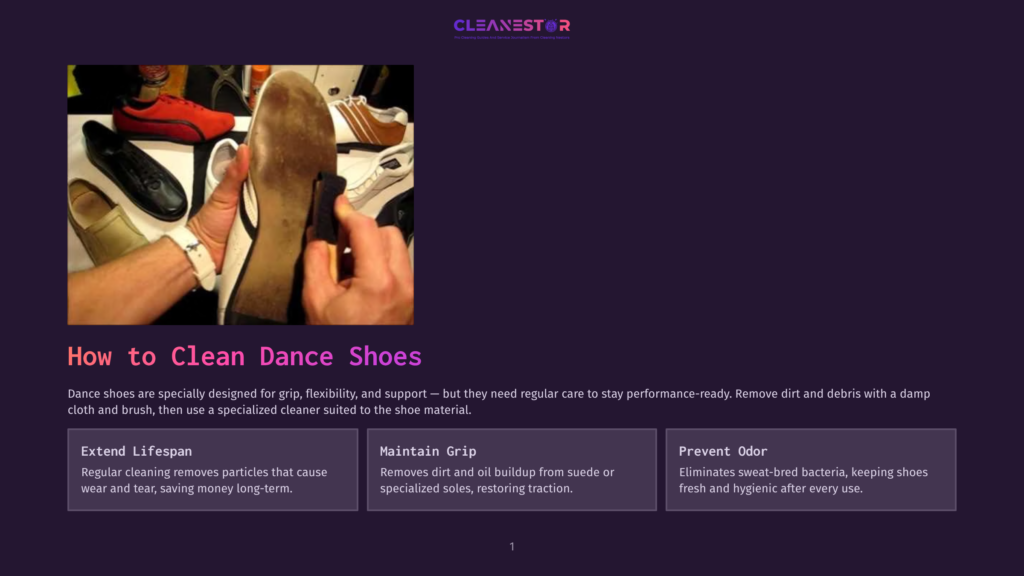 A Person Cleans The Sole Of A Tan Leather Shoe With A Brush, Showing The Textured Sole Of A Red Dance Shoe In The Background. The Text &Quot;How To Clean Dance Shoes&Quot; Is Prominently Displayed.