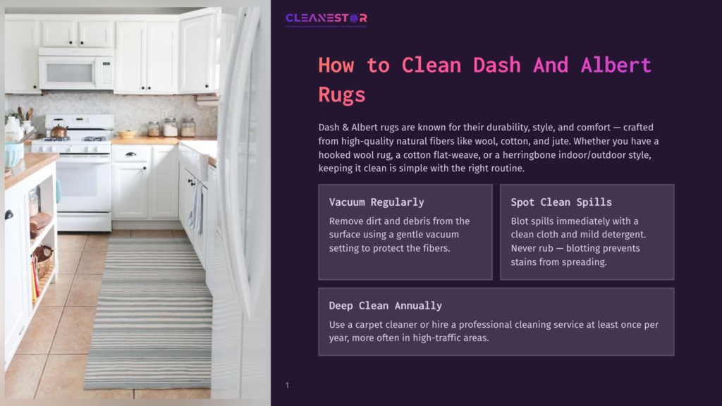 1 How To Clean Dash And Albert Rugs A Modern Kitchen With White Cabinets And Appliances, Featuring A Long, Striped Rug On The Floor. Text Overlay: &Quot;Cleanestor: Your Cleaning Solution For Domestic And Commercial Floor Cleaning Services. How To Clean Dash And Albert Rugs.