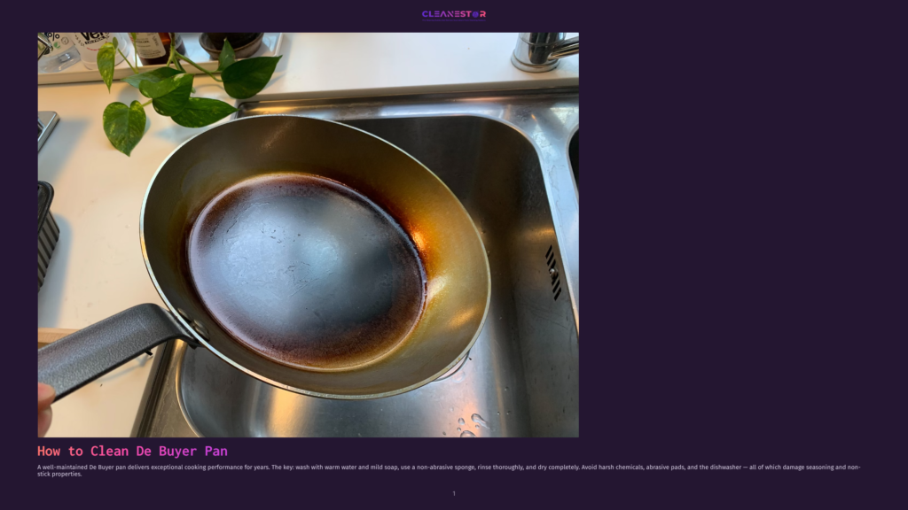 A Well-Seasoned De Buyer Carbon Steel Pan, Showing A Dark Patina, Is Held Over A Stainless Steel Sink, Ready For Cleaning.