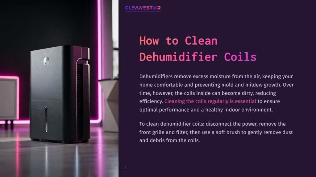 1 How To Clean Dehumidifier Coils A Sleek Black Dehumidifier Stands On A Reflective Surface With A Purple And Pink Background. The Words &Quot;How To Clean Dehumidifier Coils&Quot; Are Prominently Displayed In The Upper Portion Of The Image.
