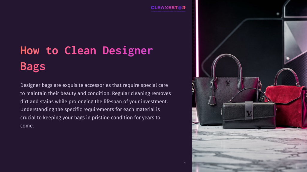 Three Designer Handbags Are Displayed On A Marble Surface, With A Dark Purple And Pink Background. The Text &Quot;How To Clean Designer Bags&Quot; Is Prominently Displayed On The Left.
