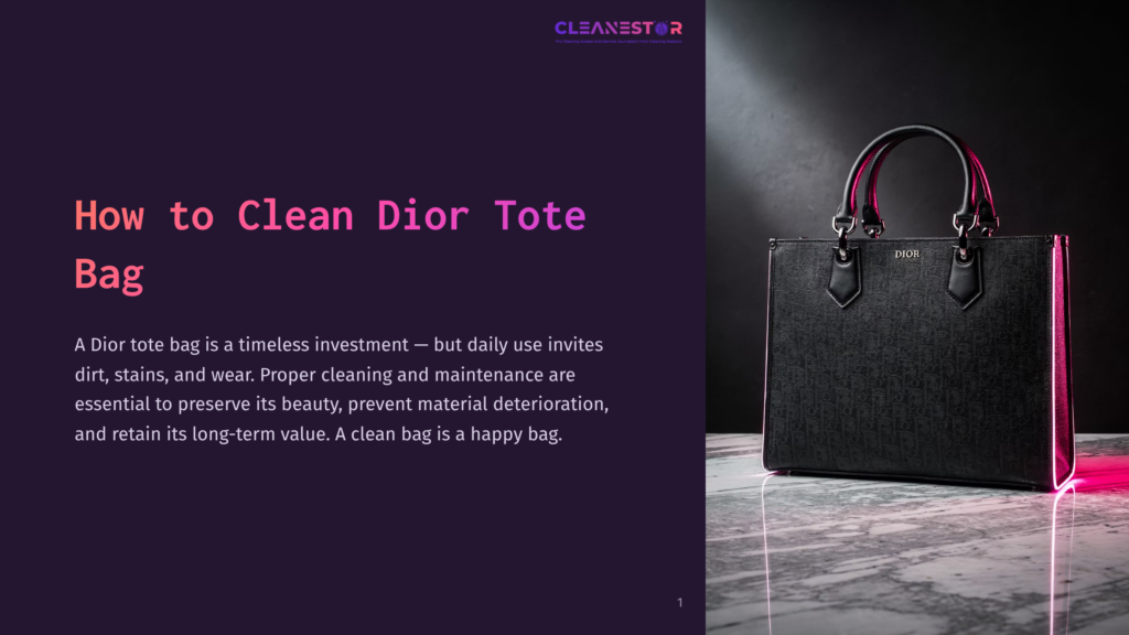 A Black Dior Tote Bag With An All-Over Monogram Pattern Sits On A Marble Surface, Illuminated By Pink Neon Light. The Text &Quot;How To Clean Dior Tote Bag&Quot; Is Visible On The Left.