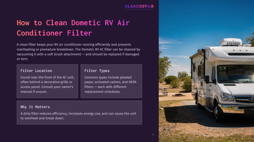 A White Dometic Rv Parked At A Campsite Under A Bright Blue Sky, With A Purple Overlay On The Left Side Of The Image Featuring Text About Cleaning Dometic Rv Air Conditioner Filters.