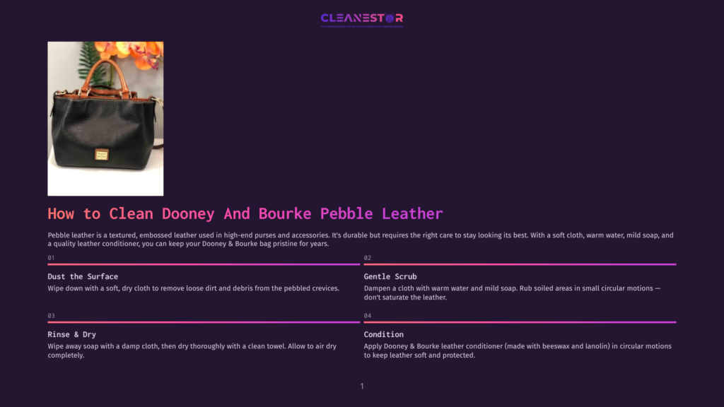 A Dooney &Amp; Bourke Pebble Leather Handbag With Tan Leather Trim And Handles, Resting On A Dark Background. The Image Is Part Of A &Quot;How To Clean Dooney And Bourke Pebble Leather&Quot; Guide.