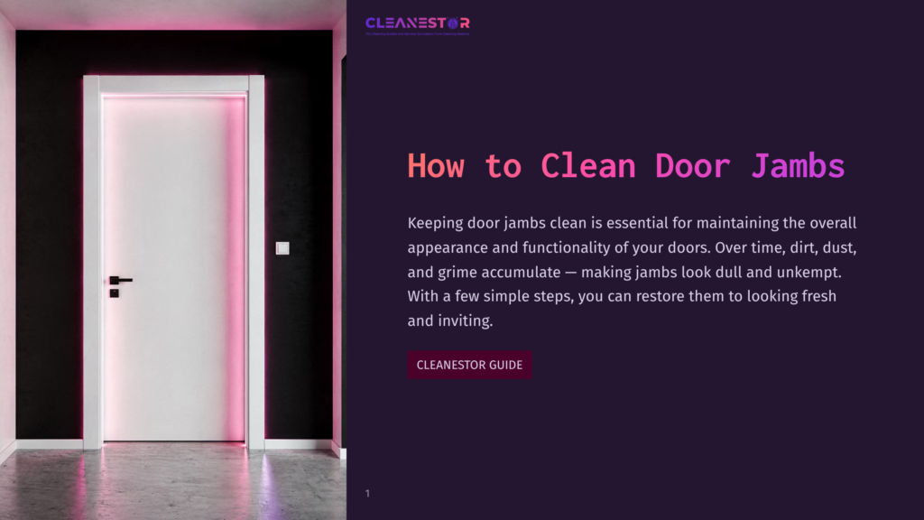 A Clean, White Door With A Pink Light Illuminating Its Edge Stands Against A Sleek Black Wall, With A Cleanestor Logo At The Top Left Corner.