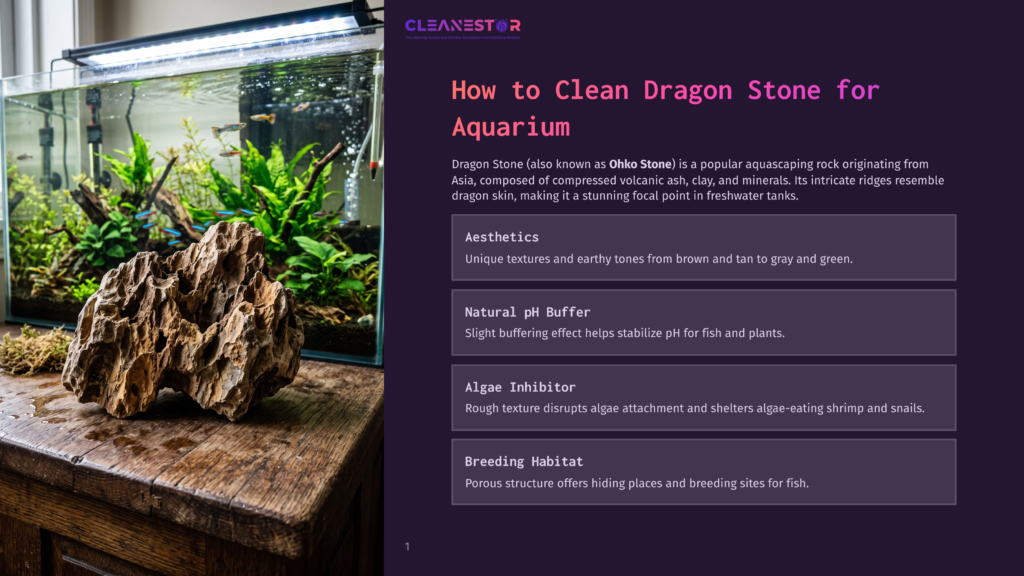 A Dragon Stone Aquascaping Rock, With Intricate Ridges And Earthy Tones Of Brown And Tan, Sits In A Planted Aquarium With Lush Green Aquatic Plants And Small Blue Fish.