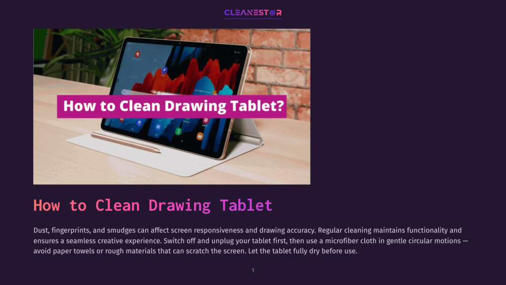 A Modern Drawing Tablet With A Stylus Rests On A Light-Colored Stand, Its Screen Displaying A Colorful Wallpaper. The Text &Quot;How To Clean Drawing Tablet?&Quot; Is Prominently Displayed In White And Pink Text Over The Image.