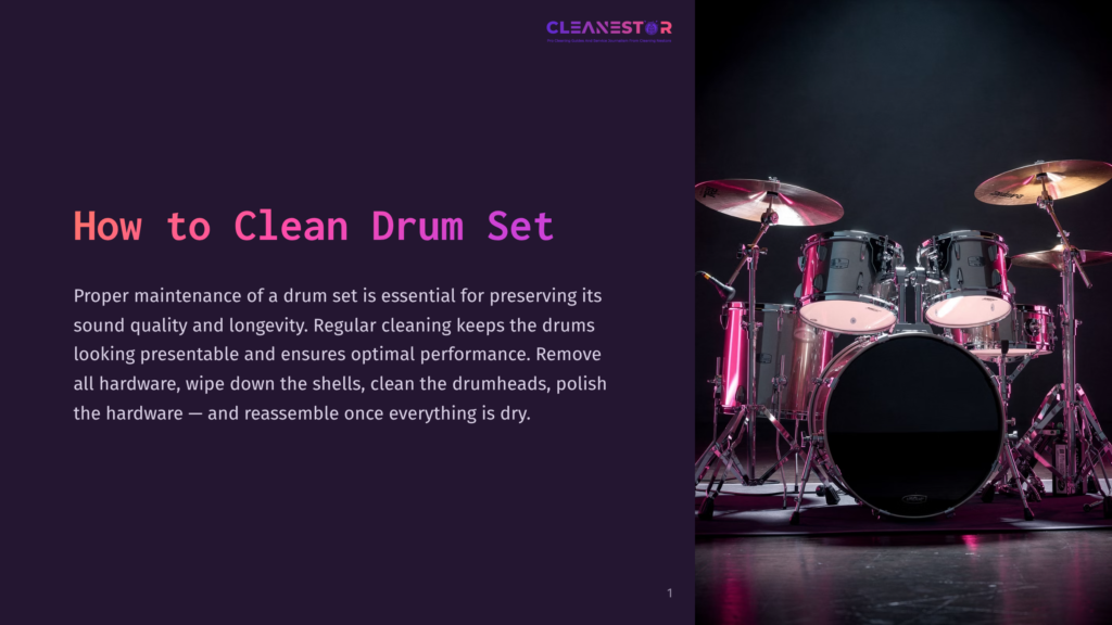 1 How To Clean Drum Set A Professional Drum Set With Cymbals And Drum Heads Is Illuminated By Pink And Purple Stage Lights, With The Text &Quot;How To Clean Drum Set&Quot; Overlayed In A Gradient Of Pink And Purple.