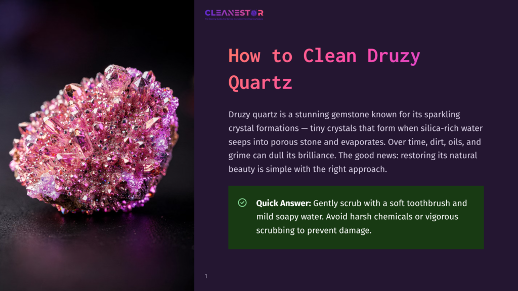 Close-Up Of A Vibrant Pink Druzy Quartz Crystal Cluster With Sparkling, Tiny Crystal Formations On A Dark Background. The Text &Quot;How To Clean Druzy Quartz&Quot; Is Visible.