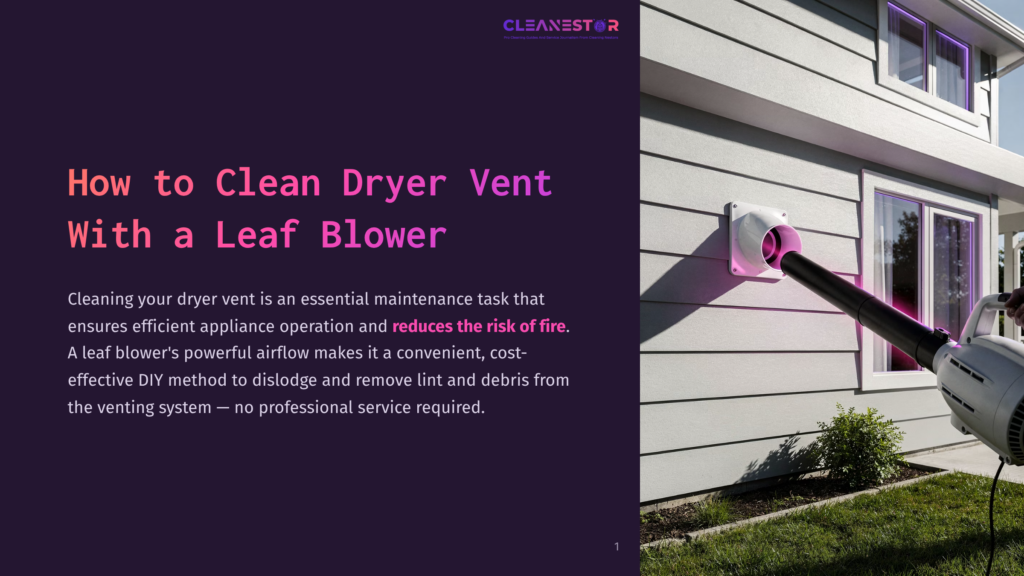A Person Uses A Leaf Blower To Clean A White Dryer Vent On The Side Of A House, Preventing Fire Hazards And Improving Appliance Efficiency.