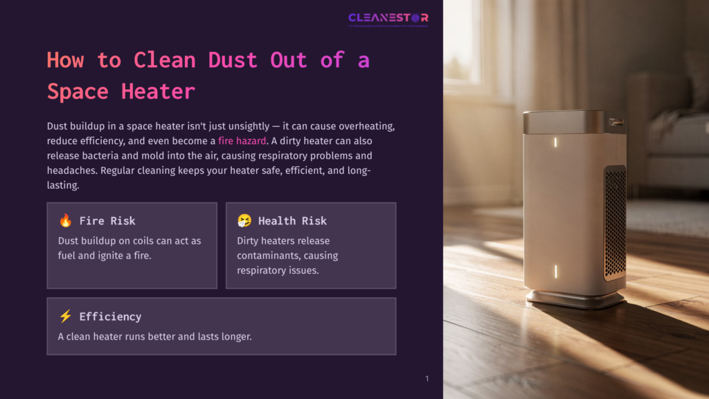 A Modern White Space Heater With A Sleek Design Sits On A Light Wood Floor, Bathed In Warm Sunlight Streaming From A Window. The Text &Quot;Cleanestor&Quot; Is Visible At The Top.