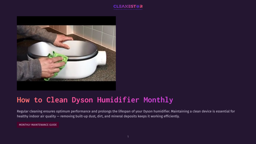 Hands Cleaning A White Dyson Humidifier With A Green Cloth, Showing The Top Lid Being Wiped Down. The Background Is A Kitchen Counter.