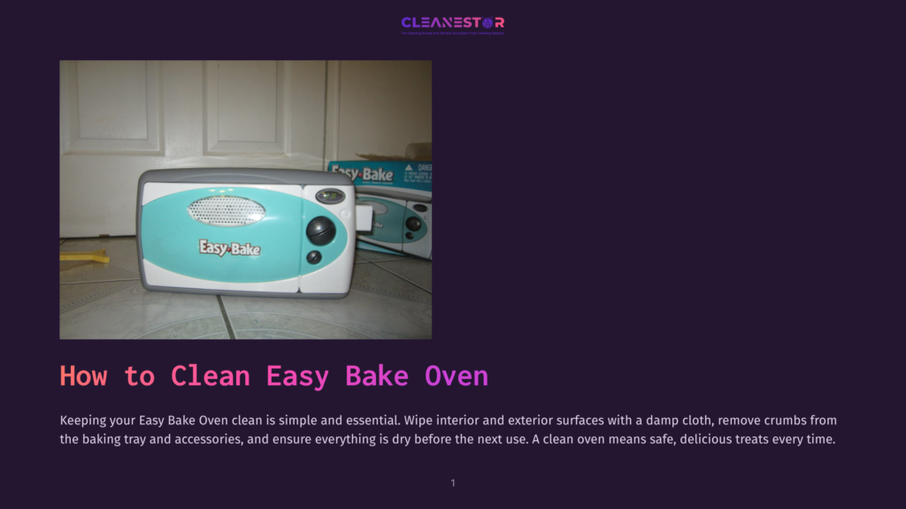 An Easy Bake Oven, Blue And White With A Black Handle, Sits On A Tiled Floor With A White Door Behind It.