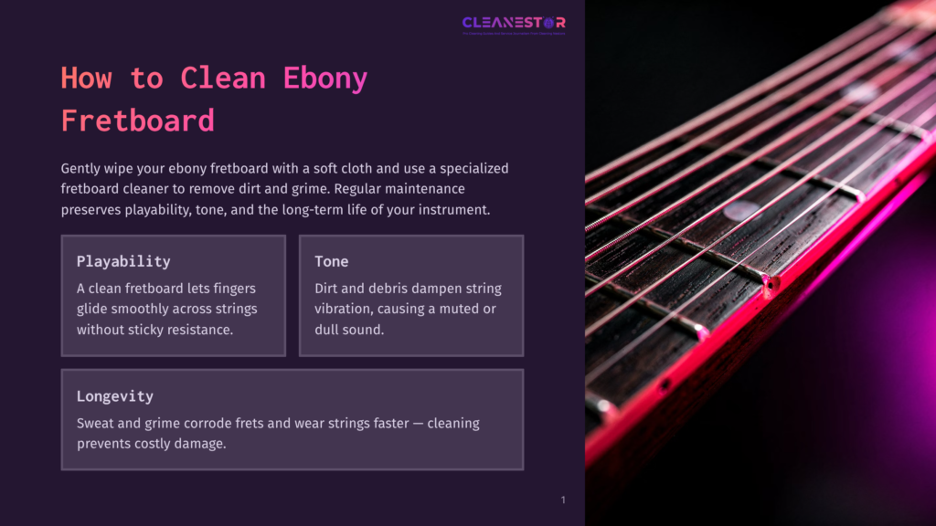 1 How To Clean Ebony Fretboard Close-Up Of A Guitar'S Ebony Fretboard With Strings, Illuminated By Purple Light. Text Overlay Reads &Quot;Cleanestor&Quot; And &Quot;How To Clean Ebony Fretboard&Quot;.