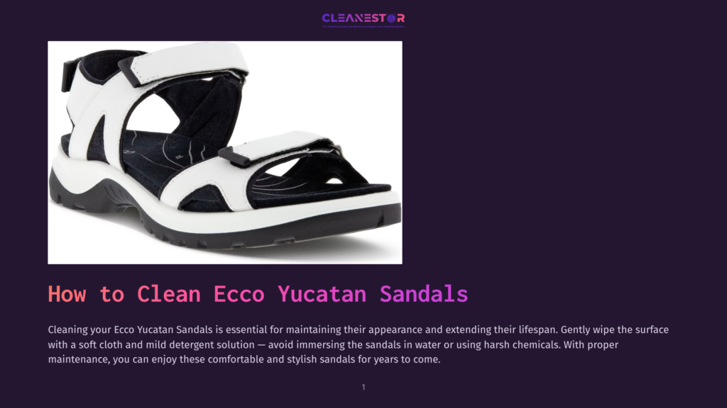 Close-Up Of A White And Black Ecco Yucatan Sandal With Adjustable Straps, Resting On A Dark Surface. The Text &Quot;How To Clean Ecco Yucatan Sandals&Quot; Is Visible.