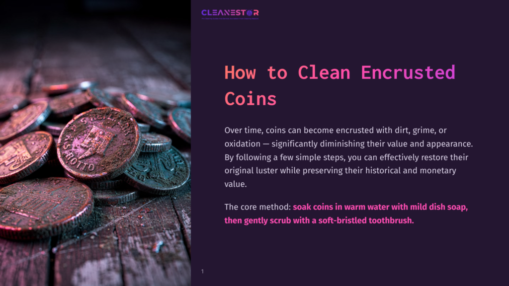 Close-Up Of Old, Encrusted Coins On A Rustic Wooden Surface, Showing Dirt And Grime On Their Surfaces. The Image Is For A Guide On How To Clean Encrusted Coins.