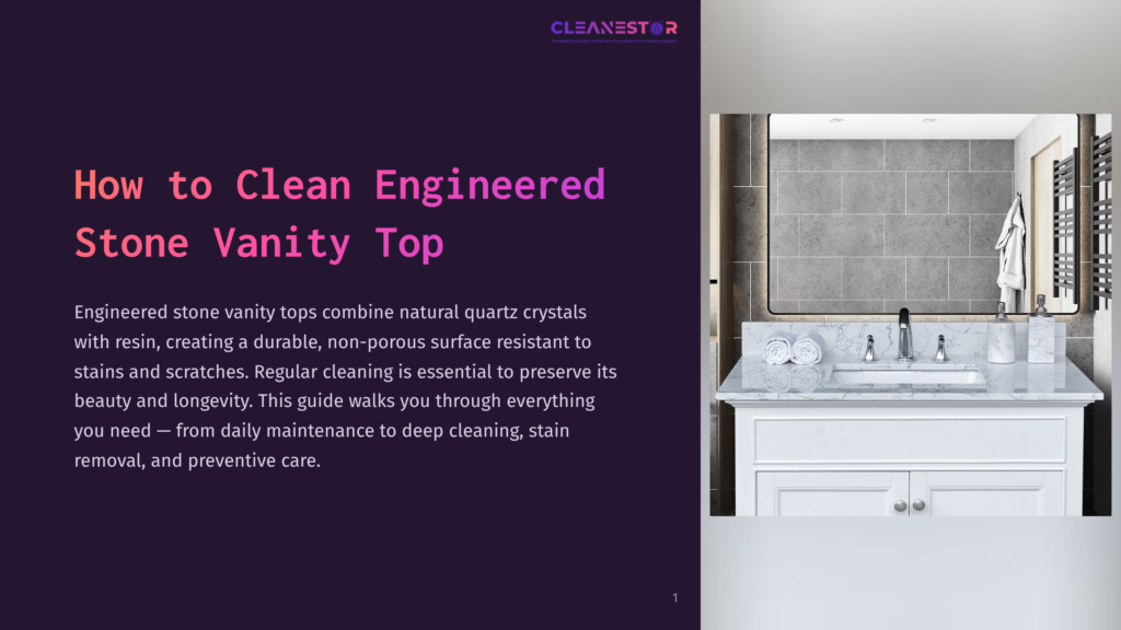 A Clean Engineered Stone Vanity Top With A White Marble Countertop, Double Sinks, And Chrome Faucets Is Shown In A Modern Bathroom With A Large Mirror And Grey Tiled Walls.