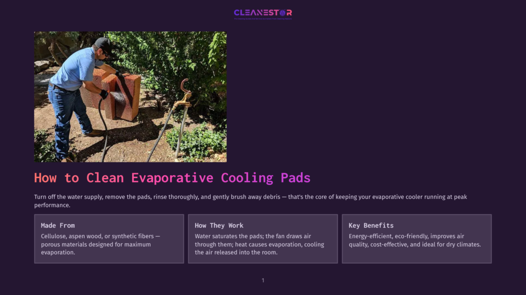 1 How To Clean Evaporative Cooling Pads A Man In A Blue Shirt Sprays Water On A Brown Evaporative Cooler Pad, Cleaning It For Optimal Performance.