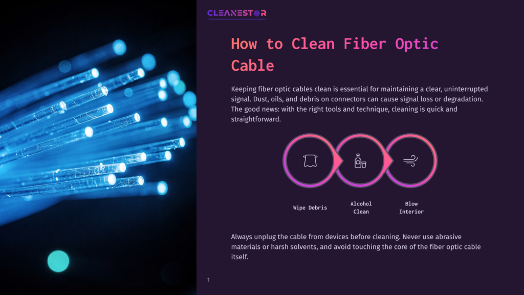 1 How To Clean Fiber Optic Cable Close-Up Of A Bundle Of Blue Fiber Optic Cables, Glowing With Internal Light, Against A Dark Background. Text Overlay Reads &Quot;Cleanestor&Quot; And &Quot;How To Clean Fiber Optic Cable&Quot;.