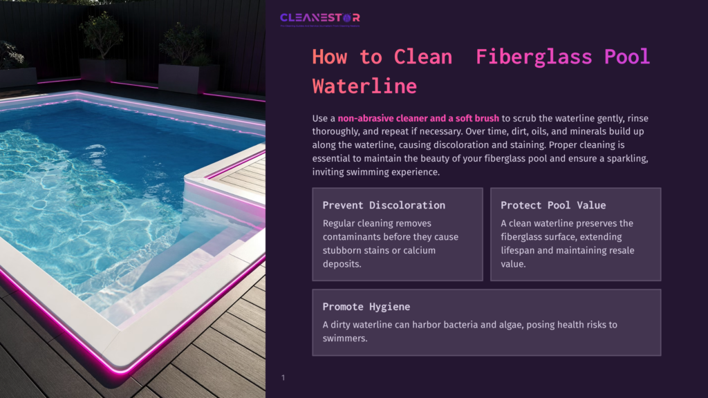 An Infographic About Cleaning A Fiberglass Pool Waterline, Showing A Clean Pool With A Pink Waterline And Text About Using A Non-Abrasive Cleaner And Soft Brush To Prevent Discoloration, Protect Pool Value, And Promote Hygiene.