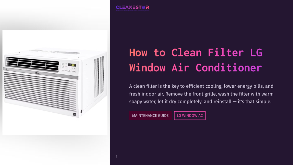 Lg Window Air Conditioner With A White Front Panel And Digital Display, Ready For Filter Cleaning. Text Overlay: &Quot;How To Clean Filter Lg Window Air Conditioner.