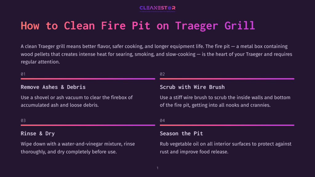 Clean Nestor Graphic With Text: &Quot;How To Clean Fire Pit On Traeger Grill&Quot;. Steps Include Removing Ashes, Scrubbing With Wire Brush, Rinsing, And Seasoning.