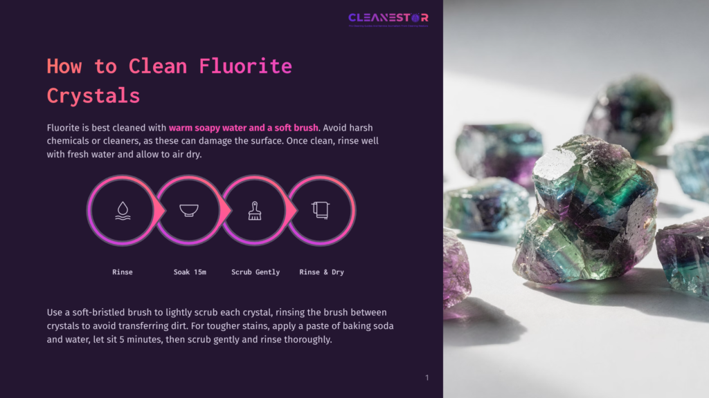 Close-Up Of Vibrant, Multi-Colored Fluorite Crystals With Purple, Green, And Blue Hues, Resting On A Dark Surface. Text Overlay Provides Instructions On How To Clean Fluorite Crystals.