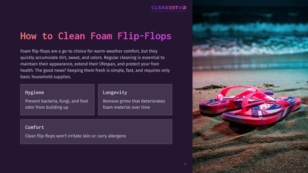 1 How To Clean Foam Flip Flops A Pair Of Bright Pink And Blue Foam Flip-Flops Rest On A Sandy Beach, With Gentle Ocean Waves In The Background. The Text &Quot;Cleanestor&Quot; Is Visible In The Upper Right Corner.