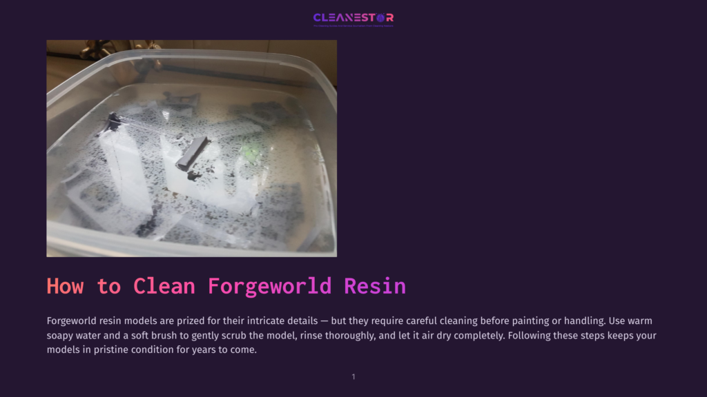 Close-Up Of Resin Miniatures Soaking In Soapy Water Inside A Clear Plastic Tub, Ready For Cleaning And Preparation For Painting.