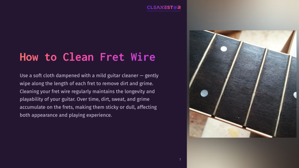 Close-Up Of Guitar Fret Wires With A Soft Cloth And Cleaner Nearby, Demonstrating How To Clean The Fret Wire For Guitar Maintenance.