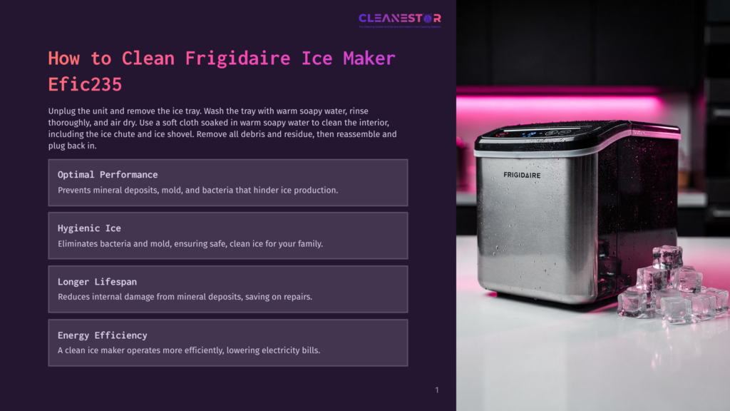 1 How To Clean Frigidaire Ice Maker Efic235 A Sleek Fridgidaire Ffic235 Ice Maker, With A Stainless Steel Body And Digital Control Panel, Stands On A White Countertop Next To A Small Pile Of Ice Cubes, With Ambient Pink Lighting In The Background.